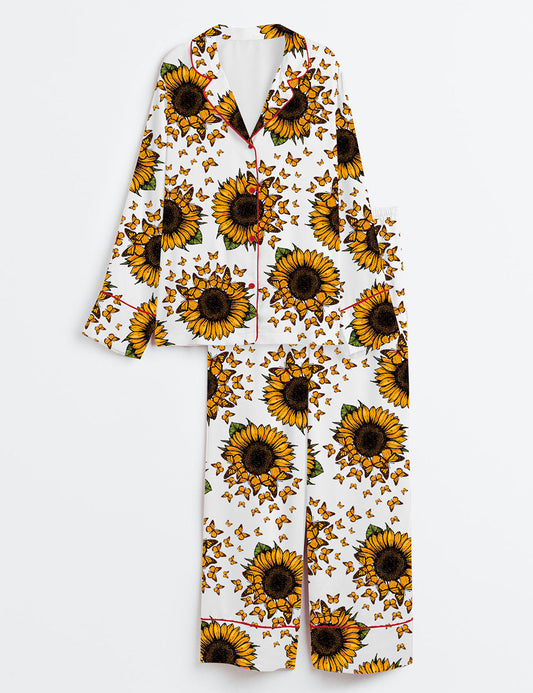 Women's Sunflower Long Sleeve Satin Pajama Set