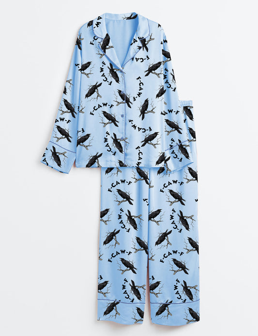 Women’s F-Caw-F Funny Gothic Raven Crow Long Sleeve Satin Pajama Set