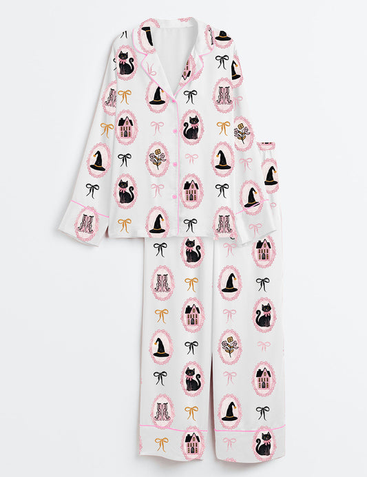 Women’s Cute Pink And Black Coquette Bow Halloween Black Cat Long Sleeve Satin Pajama Set