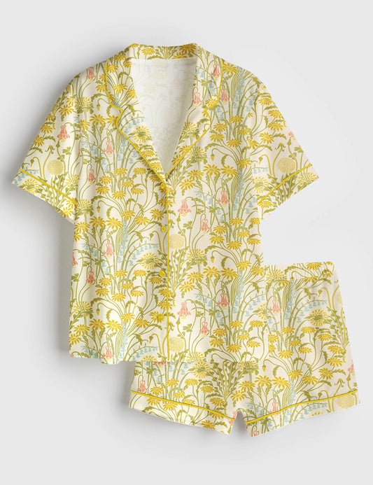 Women’s Boho Blooms Golden Floral Short Sleeve Satin Pajama Set