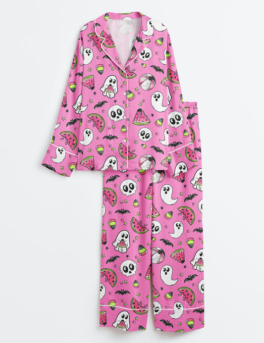 Women’s Summerween Watermelon Ghost Halloween Long Sleeve Satin Pajama Set