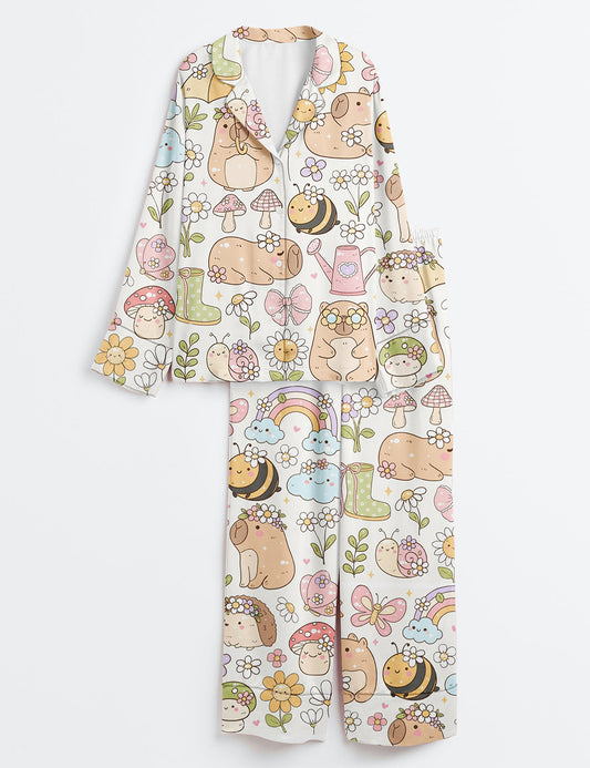 Women’s Garden Flower Hippie Capybara Groovy Capybara Nature Long Sleeve Satin Pajama Set