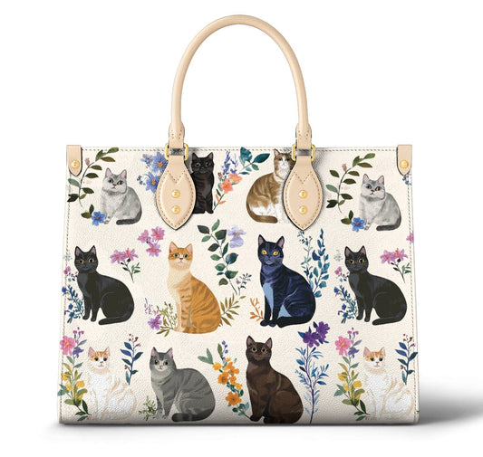 Leather Bag Charming Floral Cats