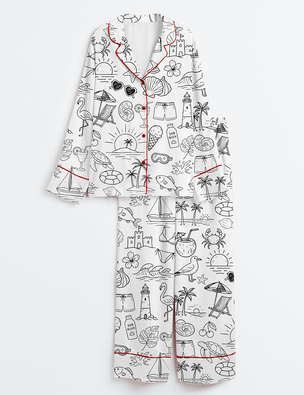 Women’s Summer Beach Coastal Handrawn Ocean Summer Beach Life Print Long Sleeve Satin Pajama Set