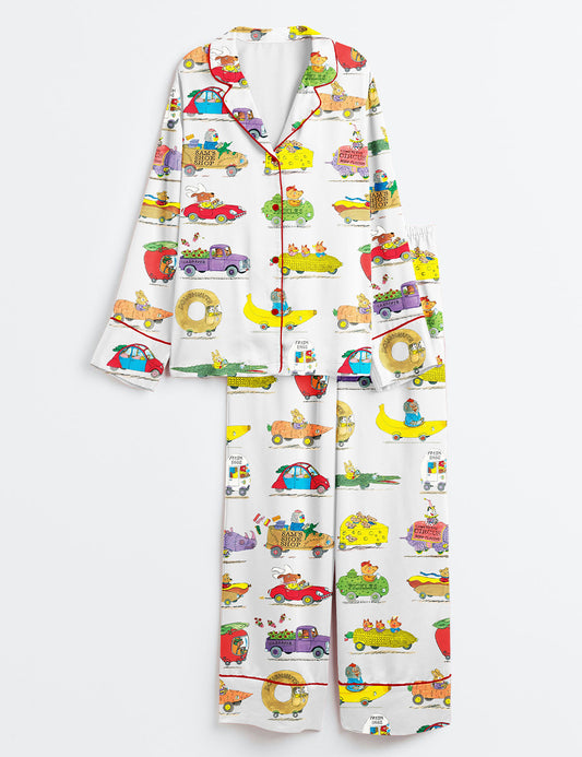 Women’s Various Animals Riding Cars Banana Car Corn Car Carrot Car Pig Monkey Rabbit Cheese Donut Pickles Long Sleeve Satin Pajama Set