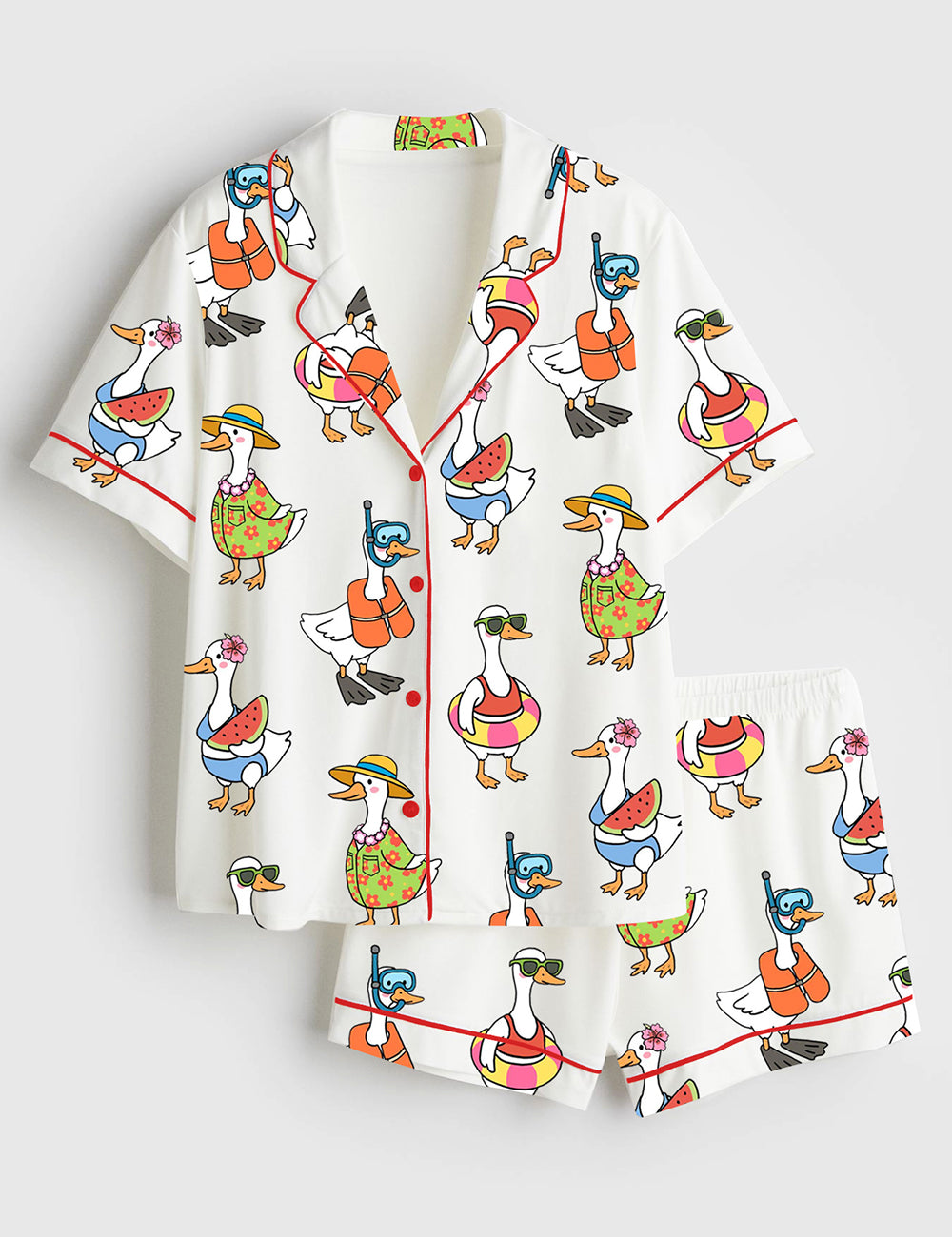 Women’s Just A Silly Goose Summer Cute Retro Goose Print Short Sleeve Satin Pajama Set