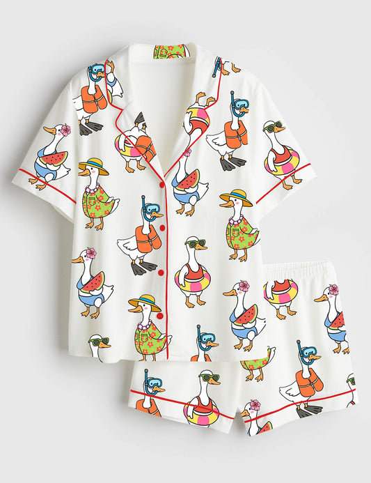 Women’s Just A Silly Goose Summer Cute Retro Goose Print Short Sleeve Satin Pajama Set