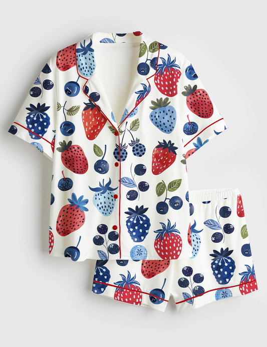 Women’s Strawberry Cottagecore Summer Blueberry The 4th Of July Short Sleeve Satin Pajama Set