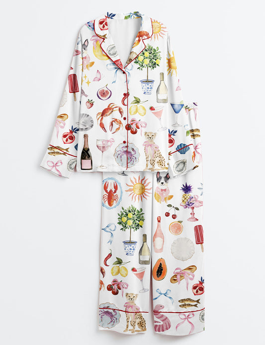 Women’s Whimsical Wedding Dolce Vita Wedding Coquette Mediterranean Print Long Sleeve Satin Pajama Set