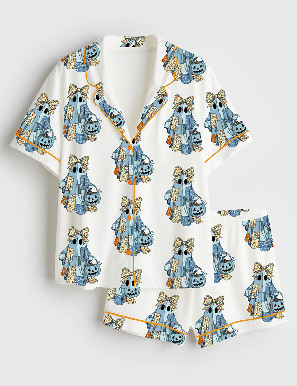 Women’s Retro Halloween Blue Denim Ghost Trendy Patchwork Spooky Ghost Short Sleeve Satin Pajama Set