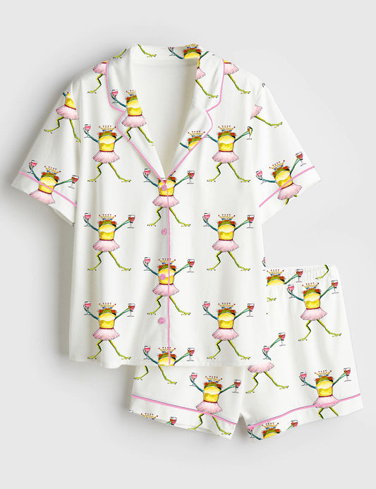 Women’s Princess Frog Dancing And Drinking Wine Short Sleeve Satin Pajama Set