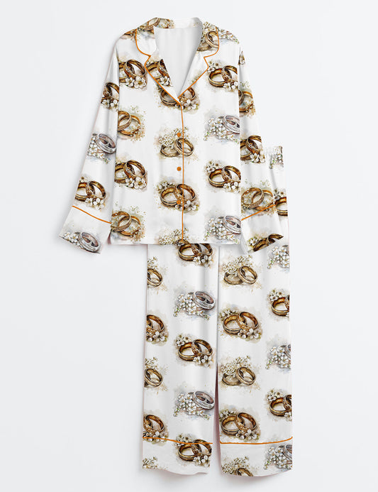 Women’s Wedding Ring Marriage Bride Groom Long Sleeve Satin Pajama Set