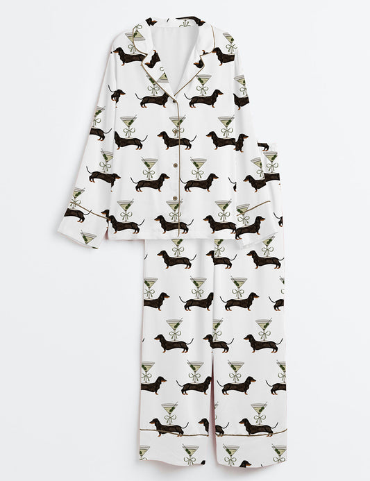 Women’s A Tini Dach Older Dirty Martini Dachshund Party Weenies And Tinis Long Sleeve Satin Pajama Set