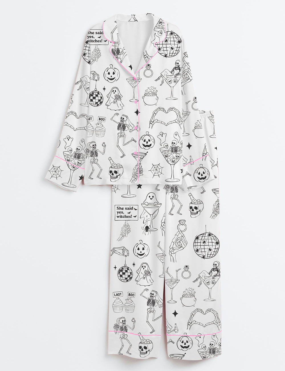 Women’s Halloween Spooky Bachelorette Til Death Do Us Whimsical Wedding Party Print Long Sleeve Satin Pajama Set