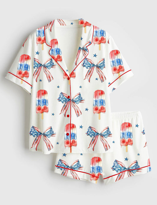 Women’s Fourth of July Popsicle Patriotic Coquette Bow American Pride Red White Blue Short Sleeve Satin Pajama Set