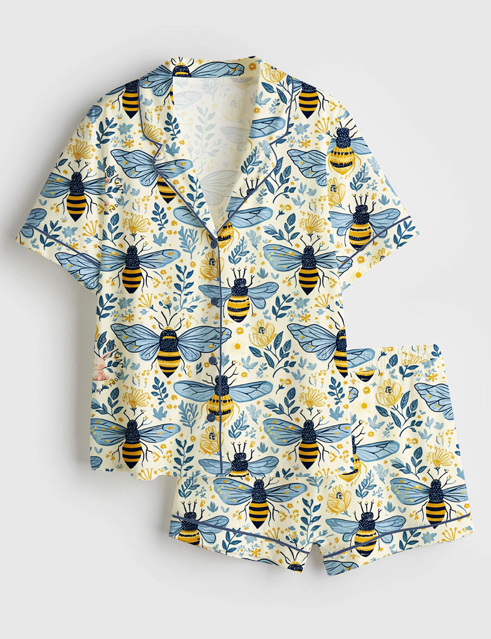 Women’s Flowers And Bees Wildflower Honeybee Summer Surface Short Sleeve Satin Pajama Set