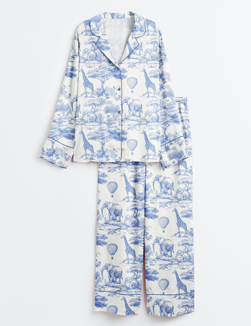 Women’s Blue Chinoiserie Toile De Jouy Safari Elephant And Deer Print Long Sleeve Satin Pajama Set