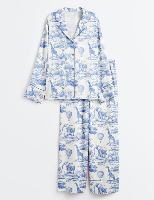 Women’s Blue Chinoiserie Toile De Jouy Safari Elephant And Deer Print Long Sleeve Satin Pajama Set