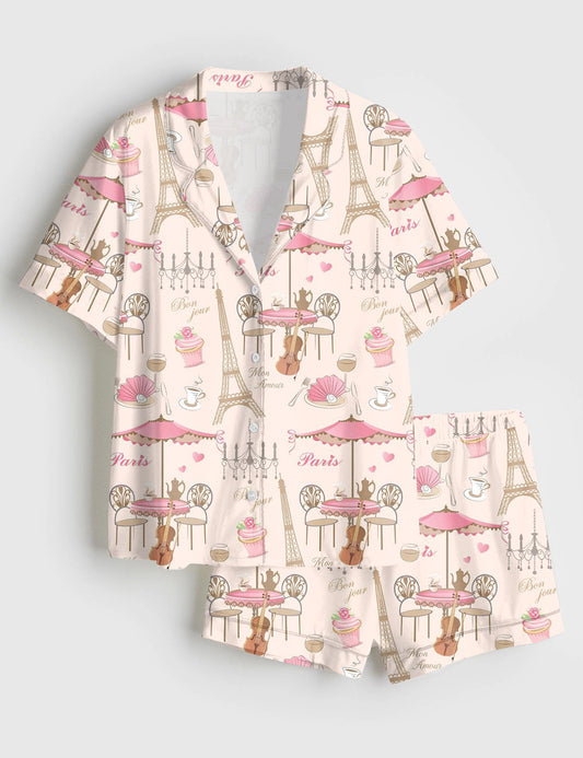 Women’s Bonjour Paris Eiffel Tower Travel To France Sister Party Coffee Short Sleeve Satin Pajama Set