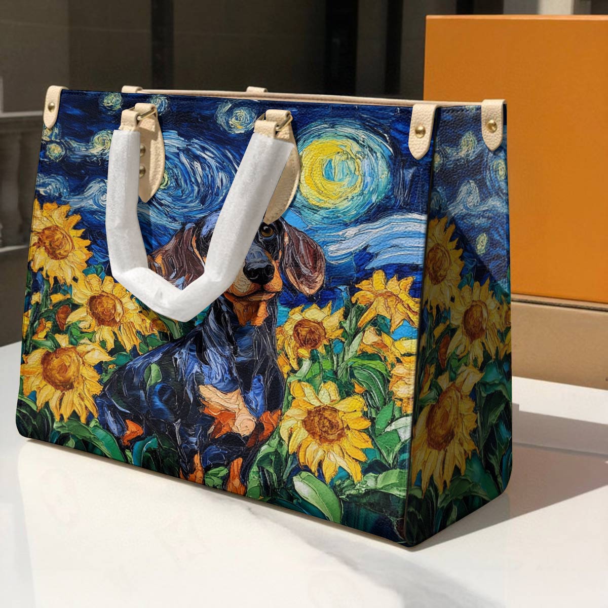 Leather Bag Sunflowers & Starry Sky Dachshund