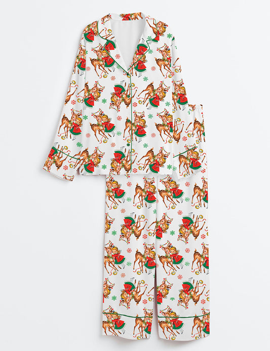 Women’s Retro 1950s Christmas Vintage Reindeer Long Sleeve Satin Pajama Set