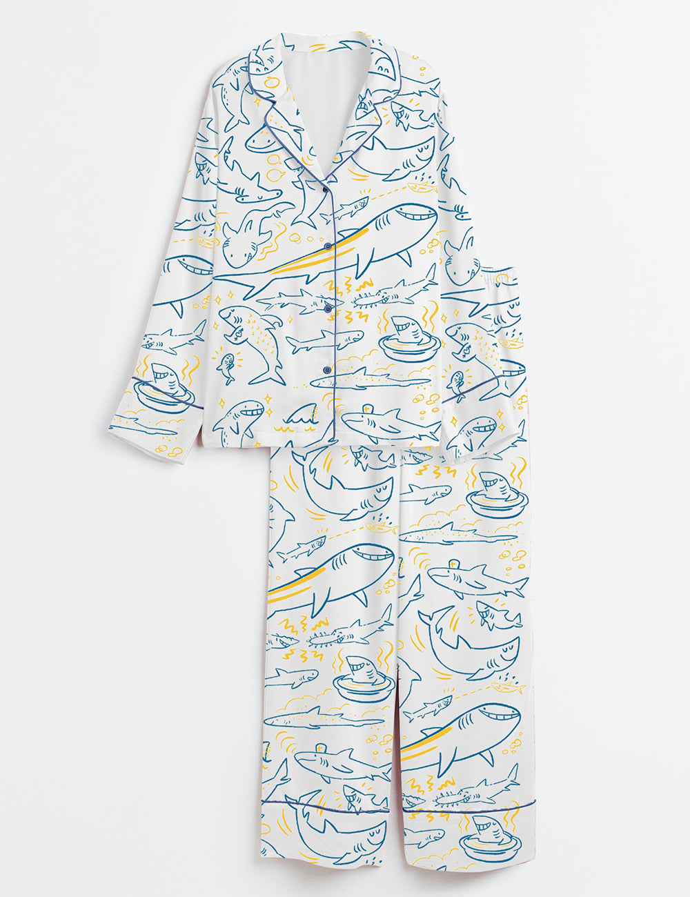 Women’s Cute Smiley Shark Sea Animal Long Sleeve Satin Pajama Set