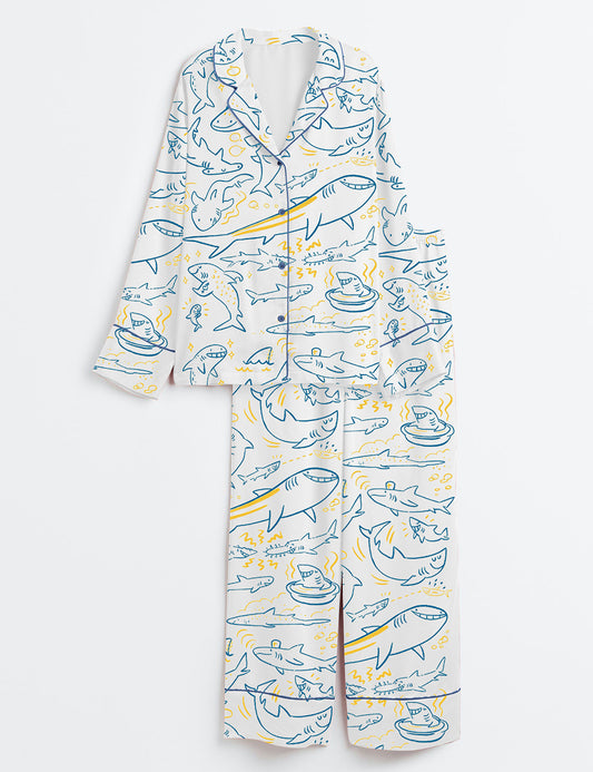 Women’s Cute Smiley Shark Sea Animal Long Sleeve Satin Pajama Set