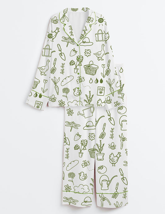 Women’s Garden Cottage Cottagecore Gardening Floral Bees Tools Animals Plant Flowers Trees Long Sleeve Satin Pajama Set