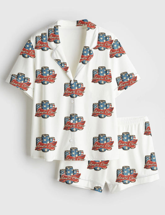 Women’s Ameri Can Israel Independence Day USA Flag Short Sleeve Satin Pajama Set