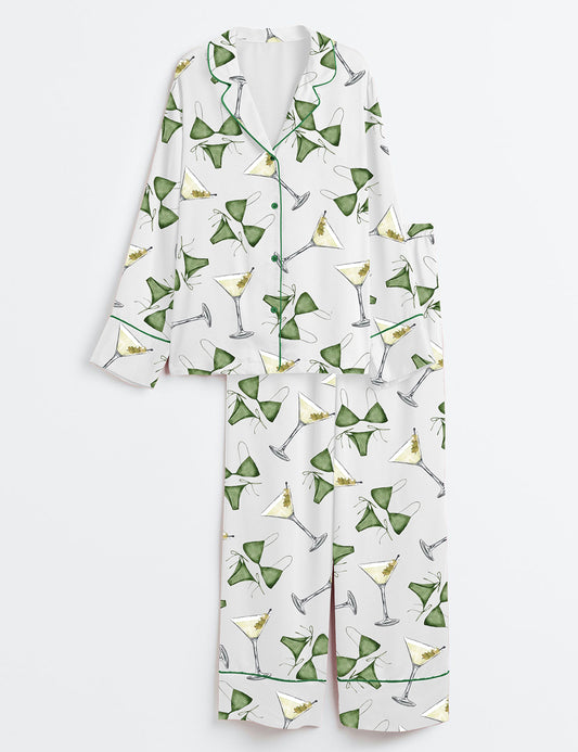 Women’s Bikinis And Martinis Cocktail Bachelorette Party Birthday Long Sleeve Satin Pajama Set