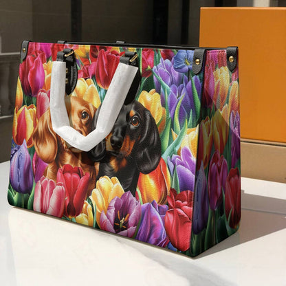 Dachshund Leather Bag Tulip Garden