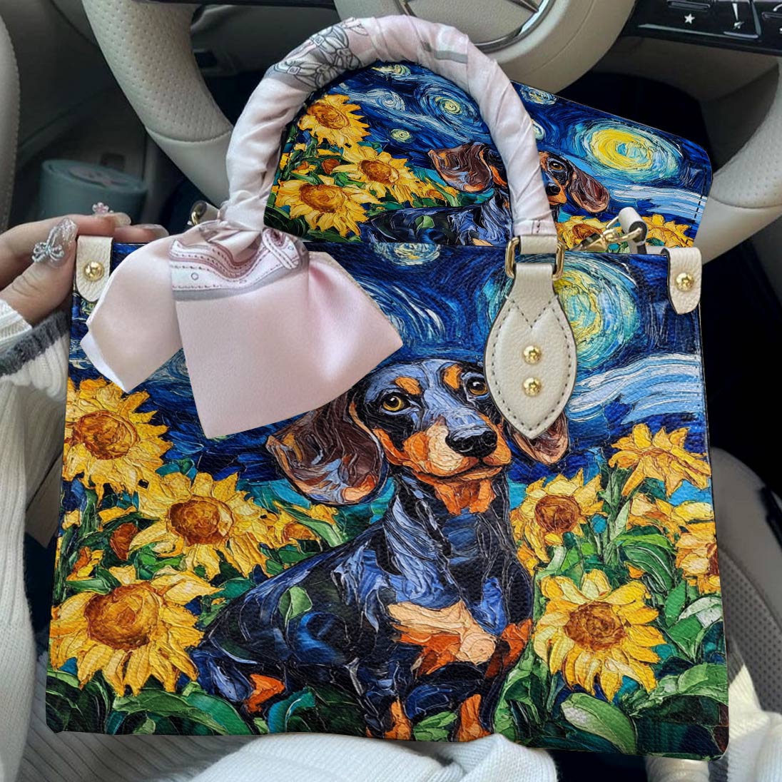 Leather Bag Sunflowers & Starry Sky Dachshund