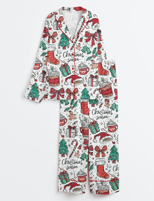 Women’s Coquette Christmas Bow Preppy Girly Christmas Season Long Sleeve Satin Pajama Set