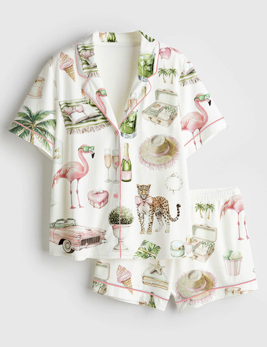 Women’s Watercolor Palm Club Summer Miami Beach Vacation Print Short Sleeve Satin Pajama Set