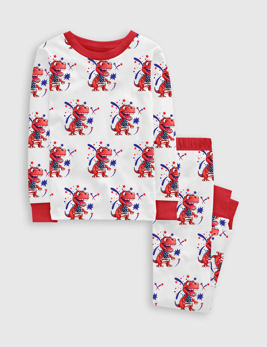 Kid's Red White And Rawr American Flag Dinosaur 4th Of July Long Sleeve Pajama Set