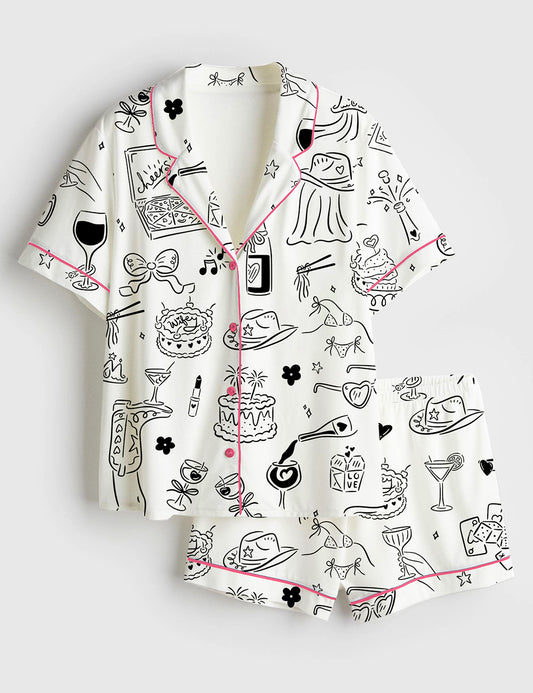 Women’s Hand Drawn Bachelorette Whimsical Girls Night Bach Party Print Short Sleeve Satin Pajama Set