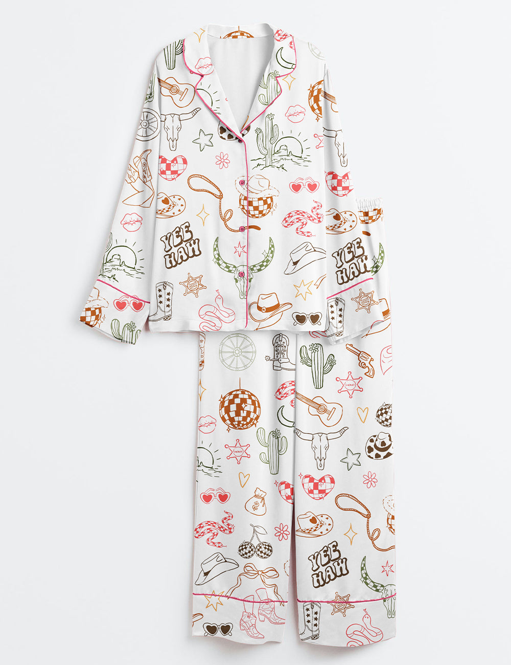 Women’s Western Cowgirl Bachelorette Hand-Drawn Wild West Disco Print Long Sleeve Satin Pajama Set