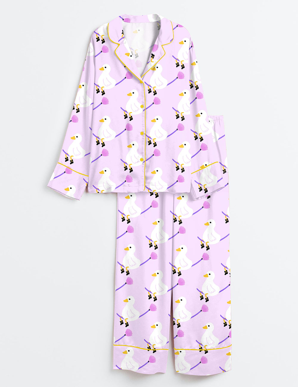 Women’s Halloween Goose Witch Cat Spooky Long Sleeve Satin Pajama Set