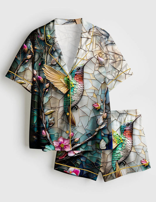 Women's Hummingbird Bird Lovers Short Sleeve Satin Pajama Set