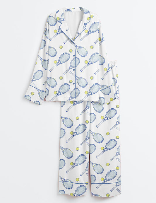 Women’s Tennis Rackets And Balls Long Sleeve Satin Pajama Set