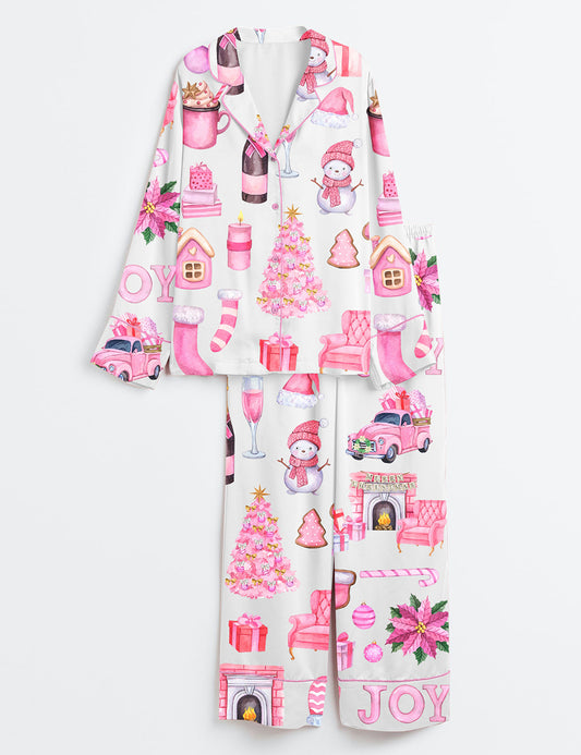 Women’s Watercolor Pink Christmas Truck Tree Long Sleeve Satin Pajama Set