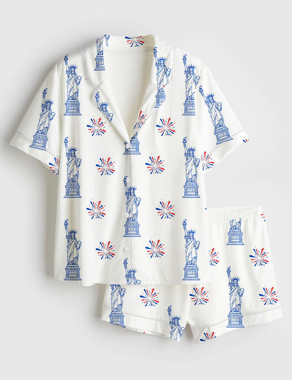 Women’s Statue Of Liberty Patriotic Freedom 4th Of July Pledge Of Allegiance Liberty And Justice For All Print Short Sleeve Satin Pajama Set