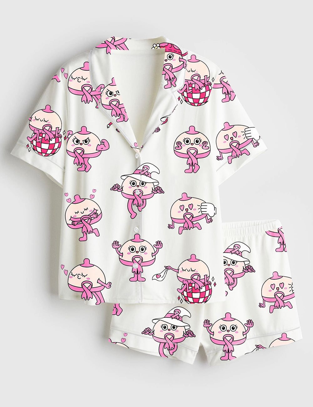 Women’s Breast Cute Cartoon Breast Cancer Awareness Pink Ribbon Pink Bow Print Short Sleeve Satin Pajama Set