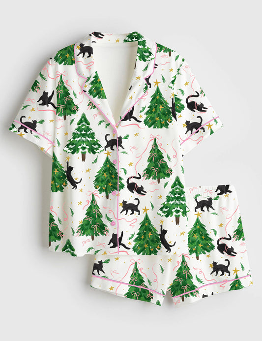 Women’s Christmas Tree Cat Short Sleeve Satin Pajama Set