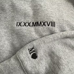 Roman Numeral Date Matching Custom Embroidered Couple Sweatshirt with Anniversary Date & Initial Heart On Sleeve