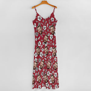 Custom Face Sling Hawaiian Style Red Long Dress White Flowers Design