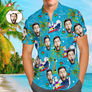 Custom Face Shirt Personalized Photo Men's Hawaiian Shirt Christmas Gift - Surfing Santa