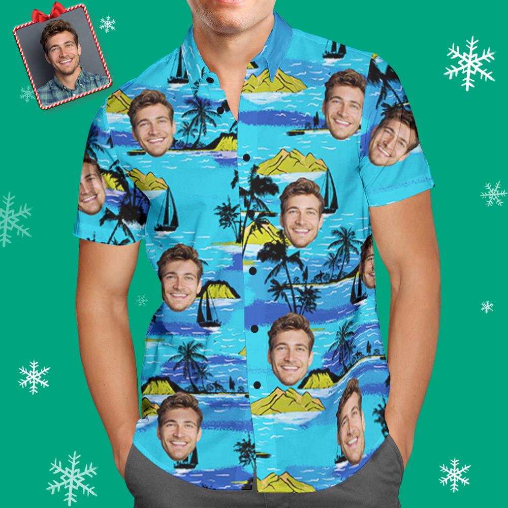 Christmas Gifts, Custom Face Hawaiian Shirt Men's All Over Print Large Leaves Short Sleeve Shirt