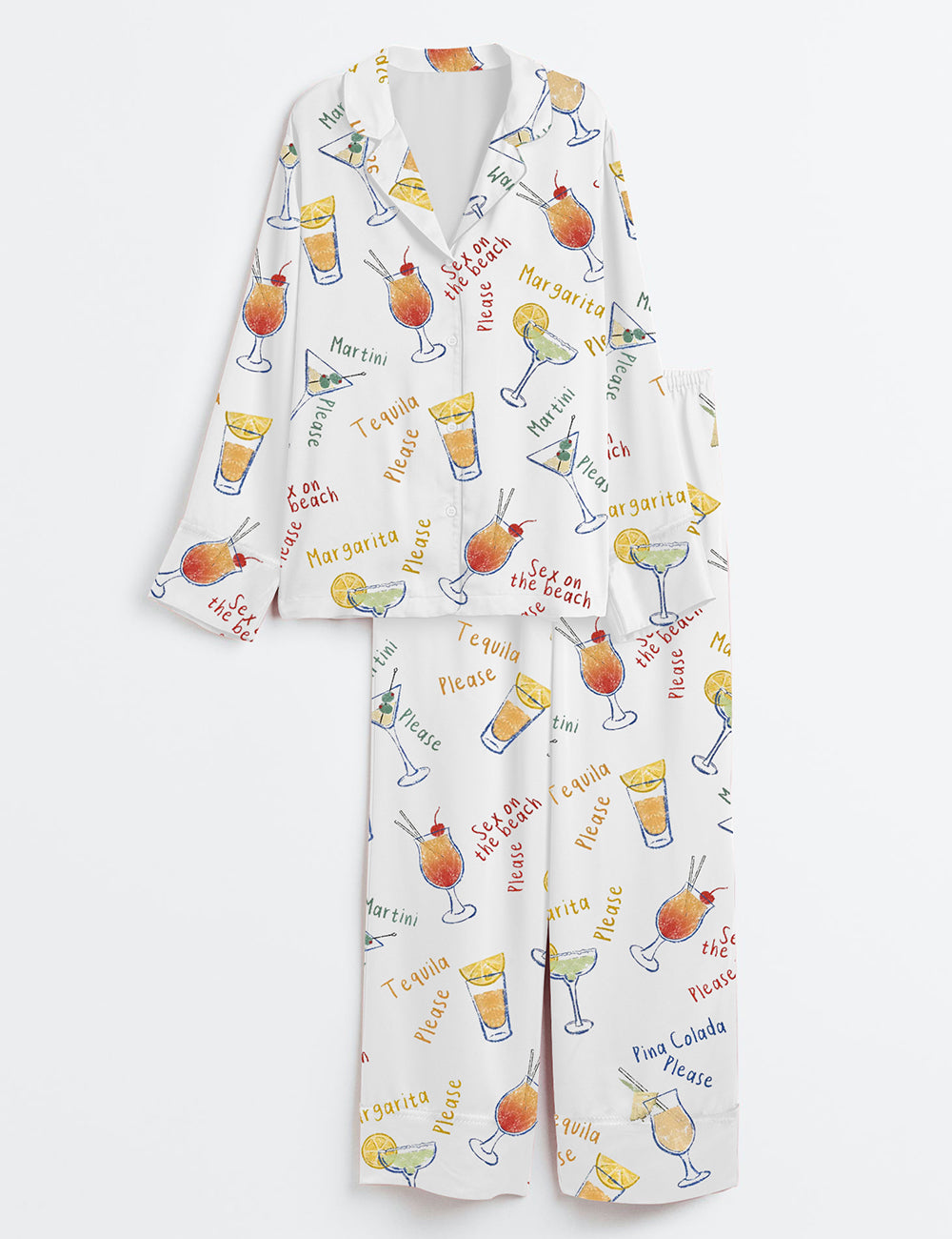 Women’s Summer Beach Cocktails Martini Tequila Margarita Please Adult Humor Print Long Sleeve Satin Pajama Set