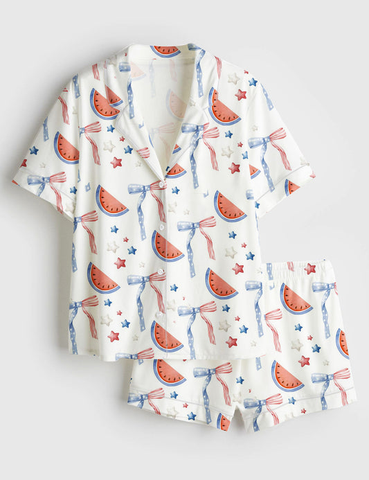 Women’s Watermelon Bow Stars And Stripes Independence Day The 4th Of July Red White Blue Short Sleeve Satin Pajama Set